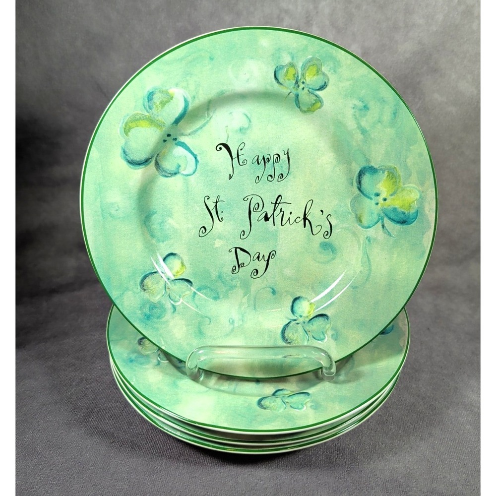 Rosanna Green Happy St Patrick's Day Shamrock Set Of 4 Salad Plates 8.25"